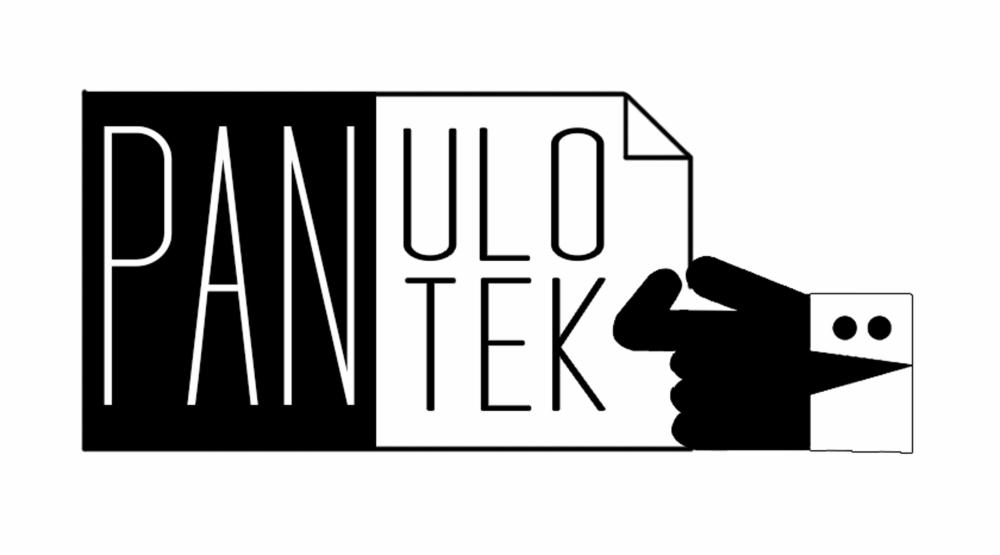 Graficzne logo 'PAN ULO TEK' w czarno-białej stylistyce, trzymane przez dłoń w uproszczonym, geometrycznym stylu. Kontrastowe tło podkreśla nowoczesny design.