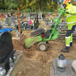 Operator w odzieży ochronnej obsługuje frezarkę do pni drzew na cmentarzu, w tle nagrobki i drzewa.