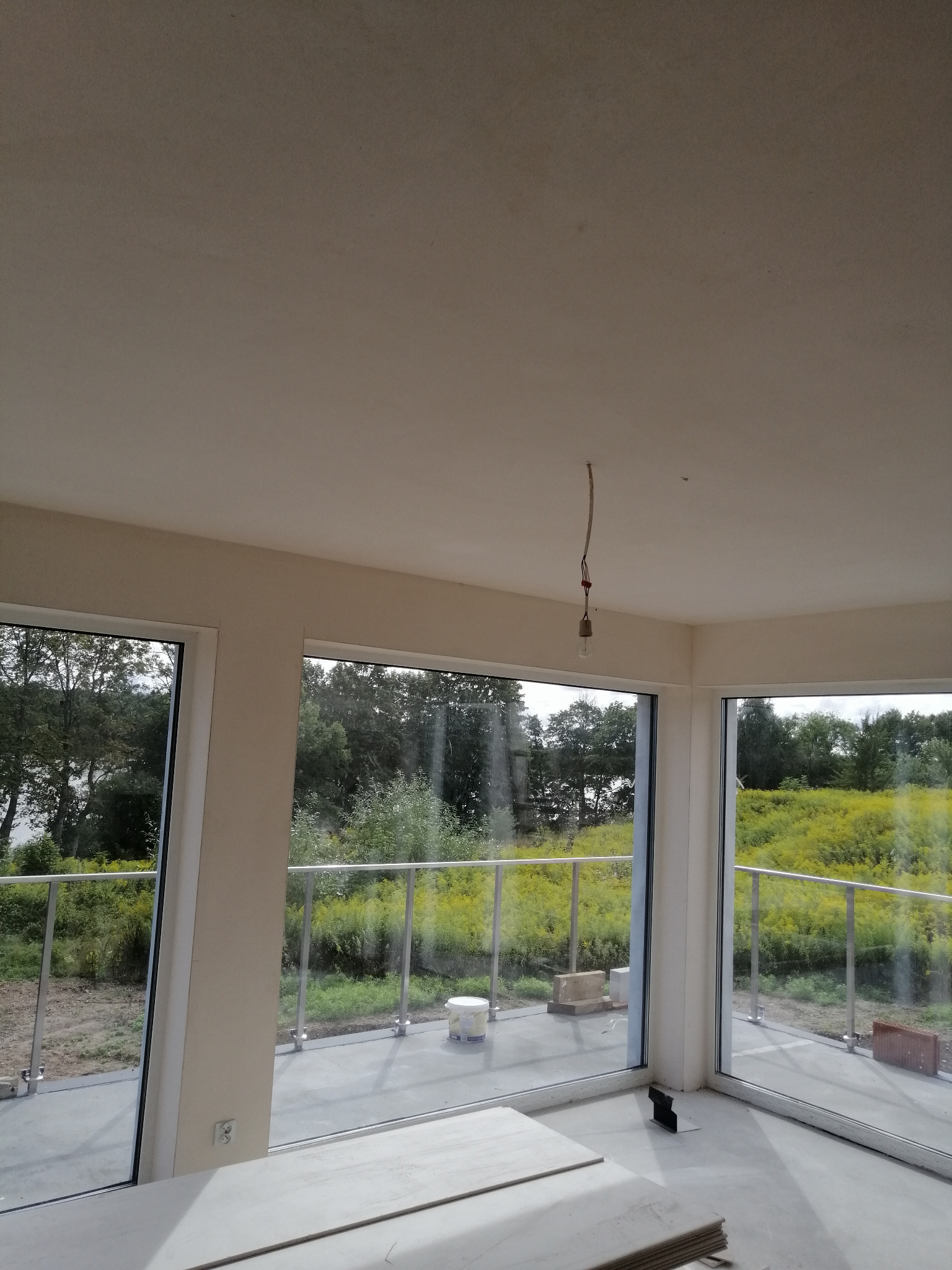 Wnętrze w stanie deweloperskim z dużymi oknami balkonowymi, widok na zewnątrz z żółtymi kwiatami, surowy beton na podłodze, widoczna instalacja elektryczna bez oprawy.