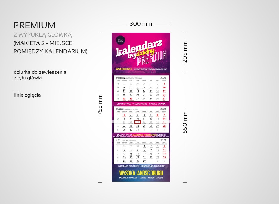 Projekt kalendarza trójdzielnego PREMIUM na rok 2024 z wypukłą główką, widoczne wymiary i linie zgięcia.