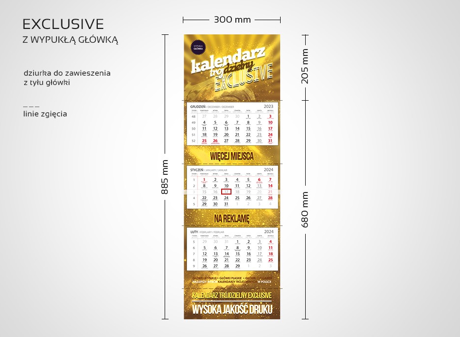 Kalendarz trójdzielny EXCLUSIVE na rok 2024 z wypukłą główką, widoczne trzy miesiące: grudzień 2023, styczeń i luty 2024, z zaznaczonymi wymiarami i informacją o wysokiej jakości druku.
