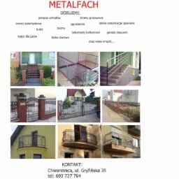 Kompilacja zdjęć: bramy wjazdowe, balustrady balkonowe, poręcze schodowe, ogrodzenia metalowe i lekkie konstrukcje spawane. Oferta firmy Metalfach z Chwarstnicy.