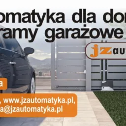 Automatyka bram garażowych: brama z napędem, pilot w dłoni, auto w tle. Oferta: serwis, montaż, konserwacja. Logo firmy JZ Automatyka, marka Nice.