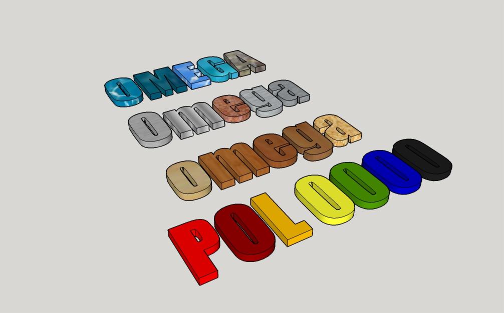 Trójwymiarowe kolorowe litery układające się w słowa 'OMEGA' i 'POLOON' na szarym tle, z różnymi teksturami i odcieniami na każdej literze.