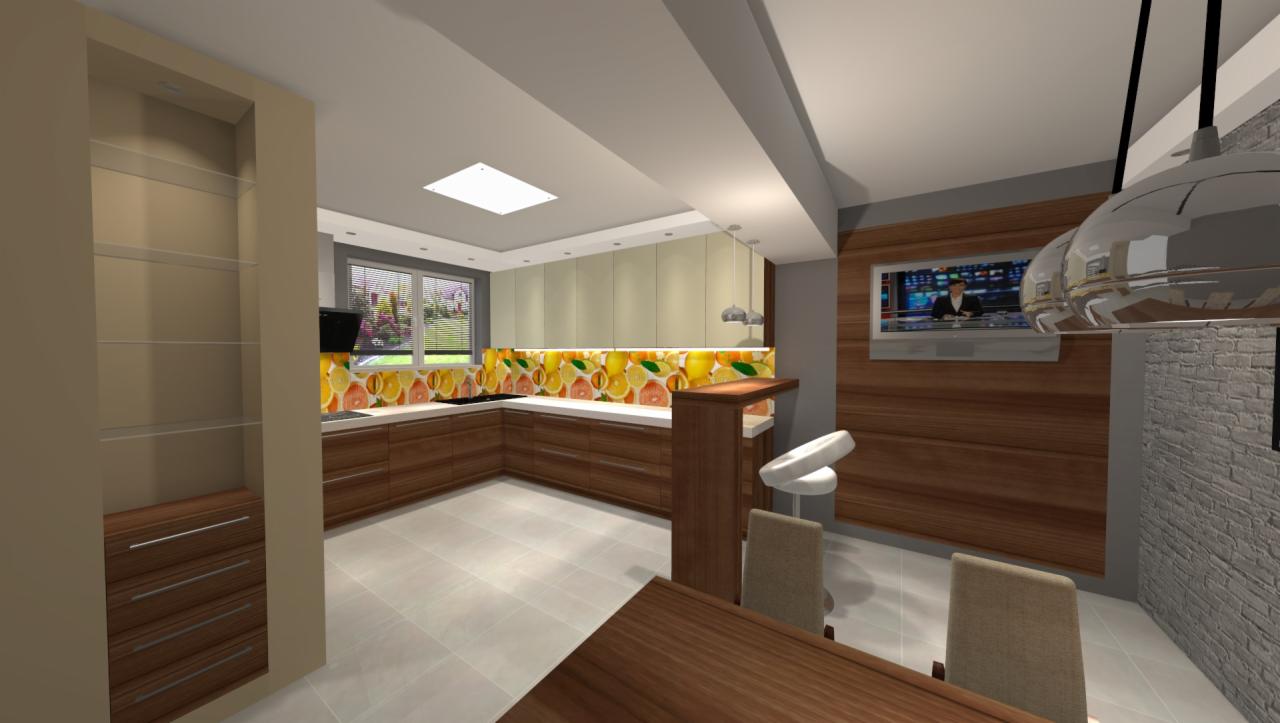 Wizualizacja przestronnej kuchni z drewnianymi szafkami dolnymi, białymi szafkami górnymi i owocowym motywem na panelu ściennym, widok na barek i stół jadalny, z telewizorem w tle.