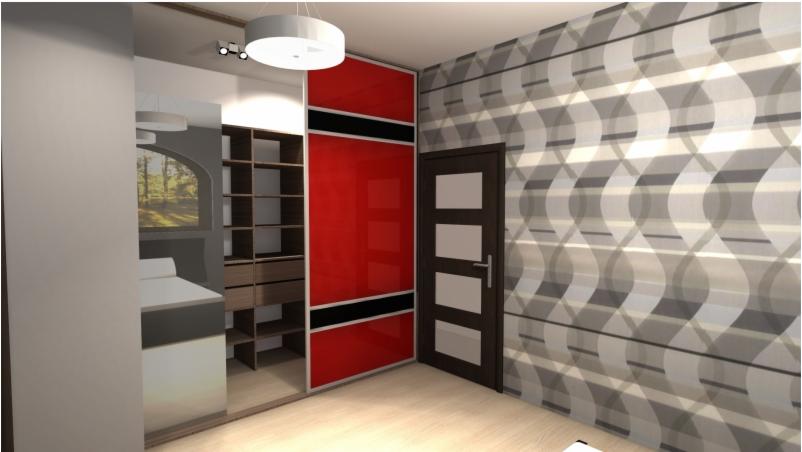 Wizualizacja szafy wnękowej z przesuwnymi drzwiami, część z lustrem odbija pokój, drzwi w kolorze czerwonym z czarnymi pasami, wzorzysta tapeta na ścianie.