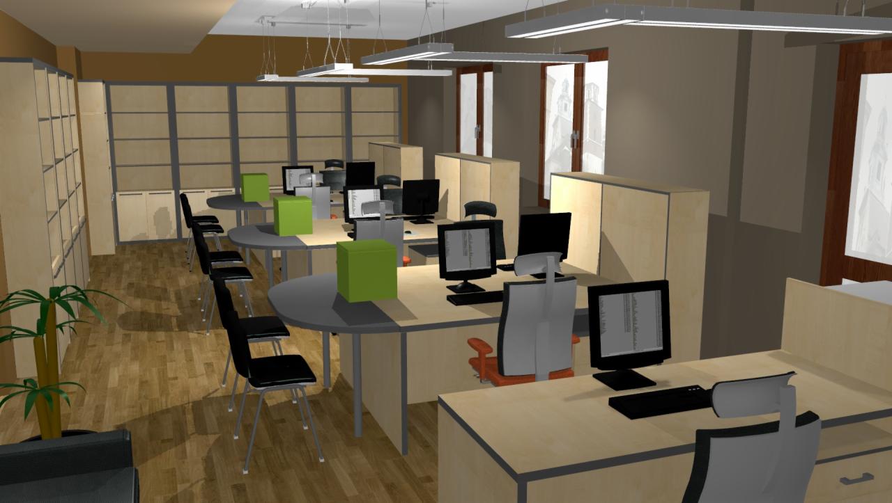 Wizualizacja komputerowa przestronnego biura z rzędami jasnych biurek, komputerami i krzesłami, oświetlonego podłużnymi lampami sufitowymi, z widocznymi szafami w tle i rośliną doniczkową w rogu.