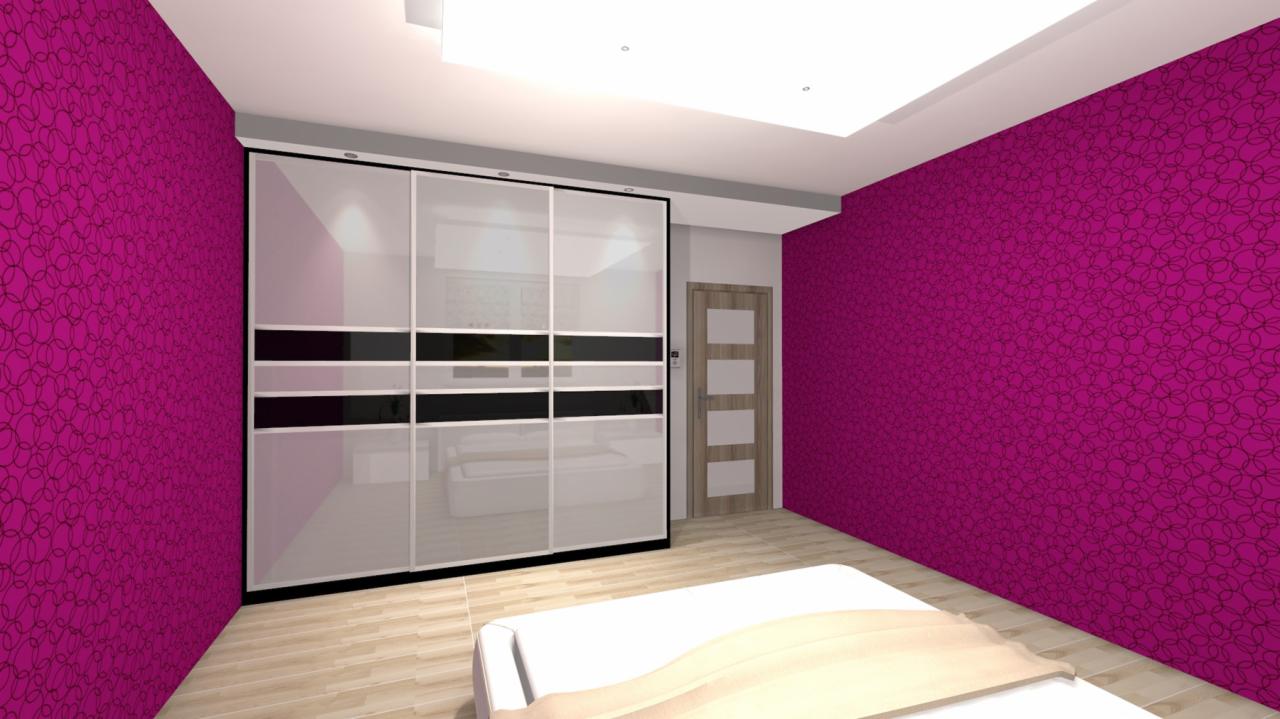 Wizualizacja sypialni z dużą przesuwną szafą z białymi frontami i czarnymi pasami, fioletowe ściany w geometryczny wzór, jasna drewniana podłoga.