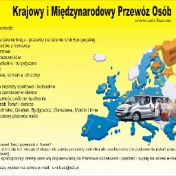 Grafika reklamowa z minibusem i grupą ludzi na tle mapy Europy, promująca krajowy i międzynarodowy przewóz osób z Torunia oraz transfery lotniskowe do Gdańska, Bydgoszczy, Warszawy i Modlina.