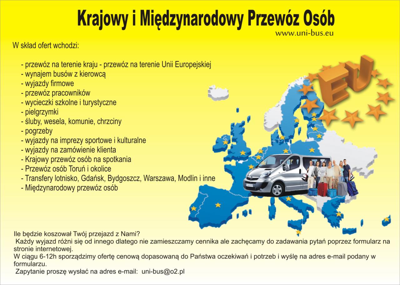 Grafika reklamowa z minibusem i grupą ludzi na tle mapy Europy, promująca krajowy i międzynarodowy przewóz osób z Torunia oraz transfery lotniskowe do Gdańska, Bydgoszczy, Warszawy i Modlina.