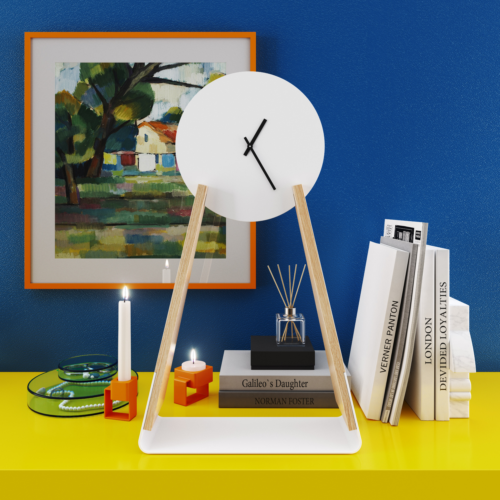 Wizualizacja aranżacji wnętrza z zegarem na drewnianych nóżkach, dyfuzorem zapachowym, książkami i świecami na żółtym blacie, z obrazem w pomarańczowej ramie na niebieskim tle.