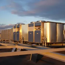 Kompleksowa instalacja przemysłowa na dachu budynku, widoczne rury, metalowa konstrukcja wsporcza, wieczorne oświetlenie, chmury na niebie.