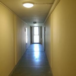 Professional Job Usługi Remontowe-Budowlane - Długi, wąski korytarz w budynku mieszkalnym, z żółtymi ścianami i szarą podłogą. Na końcu korytarza widoczne drzwi z przeszkleniami.