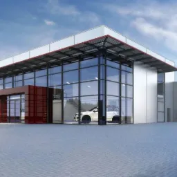 Wizualizacja budynku usługowego z przeszkloną fasadą i czerwonym wejściem, samochód wewnątrz. Nowoczesny design z elementami stalowymi i betonową nawierzchnią.