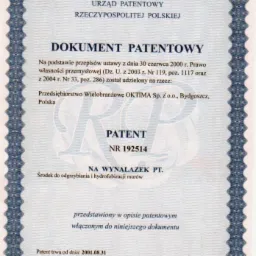 Dokument patentowy Urzędu Patentowego RP dla OKTIMA Sp. z o.o. na środek do odgrzybiania i hydrofobizacji murów, nr 192514, ważny od 2001.08.31 do 2006.08.31.