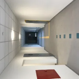 Długi, pusty korytarz biurowy z białym sufitem kasetonowym, szarą podłogą i ścianami, oświetlony światłem LED, z widocznymi drzwiami i instalacją przeciwpożarową w postaci czerwonej szafki.