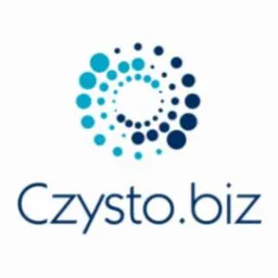 Logo firmy 'Czysto.biz' przedstawiające okrąg z niebieskich kropek o różnych rozmiarach, ułożonych koncentrycznie, z nazwą firmy napisaną pod spodem.