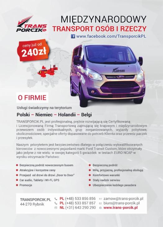 Plakat firmy Transporcik z Rybnika oferującej międzynarodowy przewóz osób i rzeczy. Na plakacie fioletowy bus Ford Transit Custom i informacje kontaktowe.