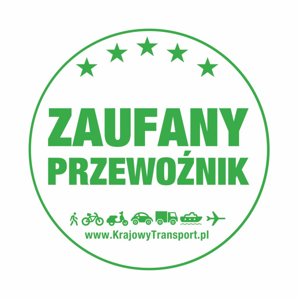Zielony okrąg z napisem 'Zaufany Przewoźnik', pięcioma gwiazdkami, ikonami transportu (rower, skuter, auto, ciężarówka, łódź, samolot) i adresem strony internetowej.