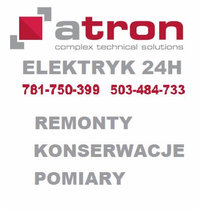 Logo firmy Atron complex technical solutions oferującej elektryka 24h, remonty, konserwacje i pomiary, z numerami telefonów.