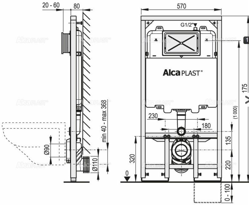 Schemat techniczny stelaża podtynkowego WC Alca PLAST z wymiarami i oznaczeniami instalacyjnymi.
