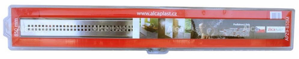 Odpływ liniowy podłogowy Alcaplast w opakowaniu, widoczny metalowy ruszt z otworami oraz nadrukowane informacje o produkcie i logo producenta.