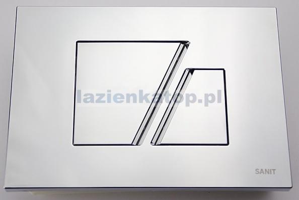 Błyszczący, chromowany przycisk spłuczki podtynkowej Sanit Ineo z dwoma prostokątnymi przyciskami o różnych rozmiarach, widoczny znak wodny.