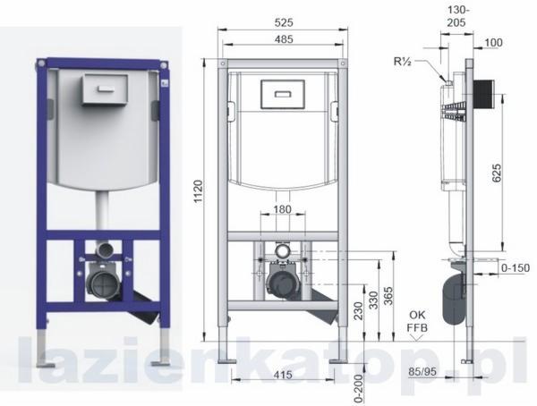 Schemat techniczny zestawu podtynkowego WC Sanit Ineo z wymiarami, widok z przodu i z boku, niebieska rama.