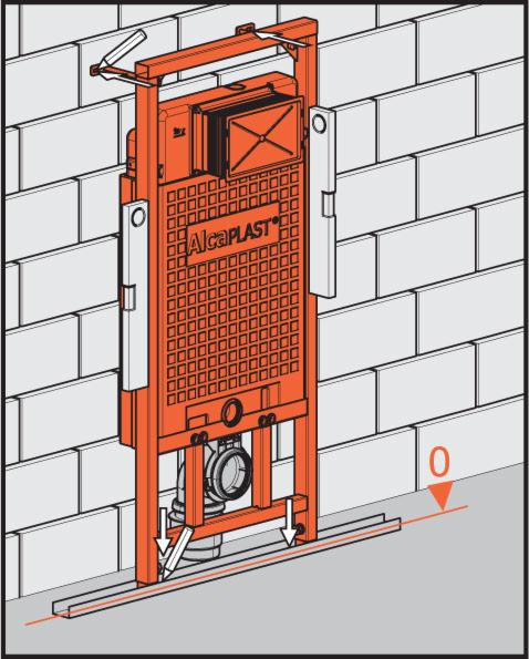 Ilustracja montażu stelaża podtynkowego WC firmy AlcaPLAST na tle ściany z białych cegieł, z zaznaczonym poziomem '0' i strzałkami wskazującymi punkty mocowania.