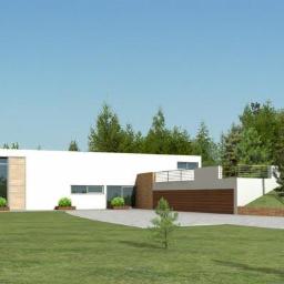 Mikostudio Krzysztof Pocałujko - Wizualizacja nowoczesnego, parterowego domu z białymi ścianami i garażem z drewnianą bramą, otoczonego zielonym trawnikiem i drzewami w słoneczny dzień.