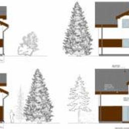 Mikostudio Krzysztof Pocałujko - Cztery rzuty elewacji dwukondygnacyjnego domu z poddaszem, z różnym wykończeniem i otoczeniem, w formie szkicu architektonicznego.