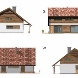 Mikostudio Krzysztof Pocałujko - Elewacje domu jednorodzinnego: wschód, południe, północ, zachód. Projekt architektoniczny z drewnianą elewacją i czerwoną dachówką.