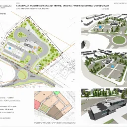 Plan zagospodarowania terenu dworca przesiadkowego w Skórzewie, widok z góry, wizualizacja 3D, parking, przystanki, budynek dworca, zieleń.