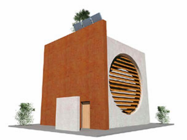 Kompaktowy, modernistyczny budynek z panelami solarnymi, okrągłym oknem z żaluzjami i minimalistycznym wejściem, otoczony symboliczną zielenią.