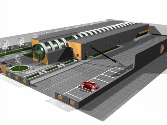 Wizualizacja 3D budynku usługowego z parkingiem i elementami zieleni. Budynek o nowoczesnej architekturze z przeszklonym wejściem. Czerwony samochód na parkingu.