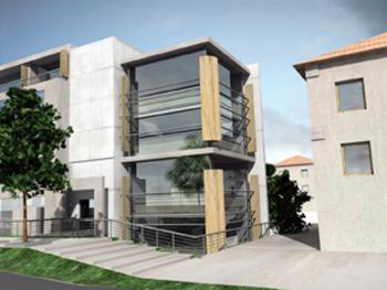 Wizualizacja 3D nowoczesnego budynku usługowego z dużymi przeszkleniami, drewnianymi elementami elewacji i zielenią w otoczeniu, prezentowana z perspektywy chodnika.