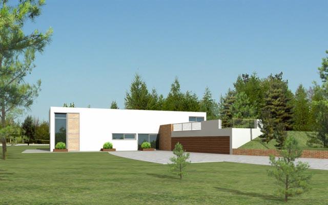 Wizualizacja nowoczesnego, parterowego domu z białymi ścianami i garażem z drewnianą bramą, otoczonego zielonym trawnikiem i drzewami w słoneczny dzień.