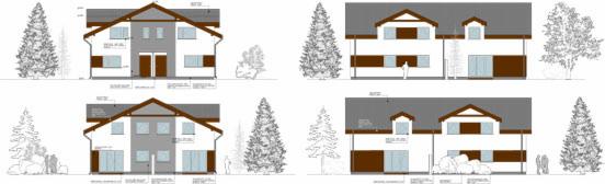 Cztery rzuty elewacji dwukondygnacyjnego domu z poddaszem, z różnym wykończeniem i otoczeniem, w formie szkicu architektonicznego.