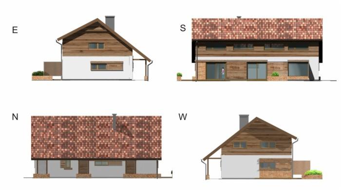 Elewacje domu jednorodzinnego: wschód, południe, północ, zachód. Projekt architektoniczny z drewnianą elewacją i czerwoną dachówką.