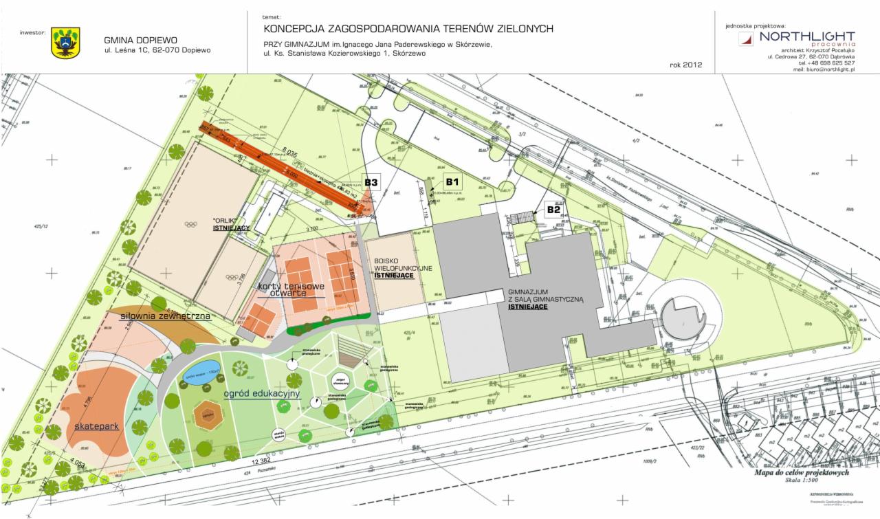 Plan zagospodarowania terenu zielonego przy gimnazjum, uwzględniający boiska, korty tenisowe, siłownię zewnętrzną, skatepark i ogród edukacyjny. Widok z góry.