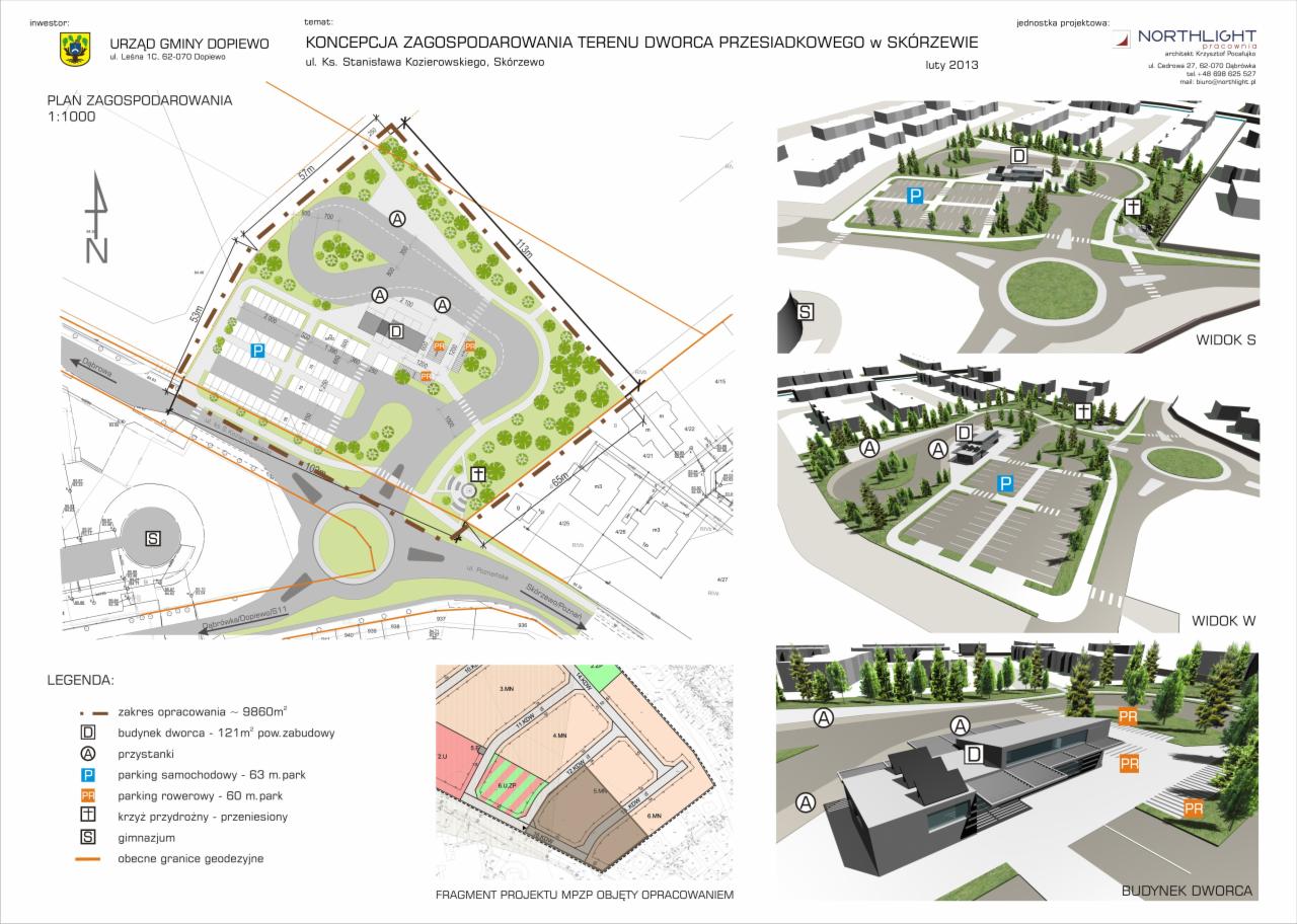 Plan zagospodarowania terenu dworca przesiadkowego w Skórzewie, widok z góry, wizualizacja 3D, parking, przystanki, budynek dworca, zieleń.