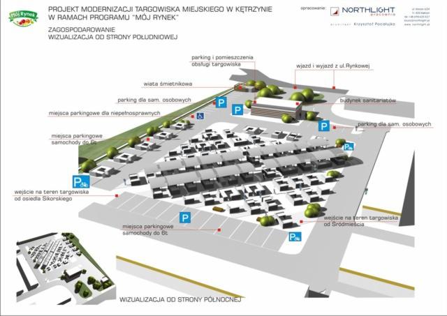 Projekt modernizacji targowiska w Kętrzynie w ramach programu Mój Rynek. Wizualizacja zagospodarowania terenu z parkingami, wjazdami i budynkiem sanitarnym.