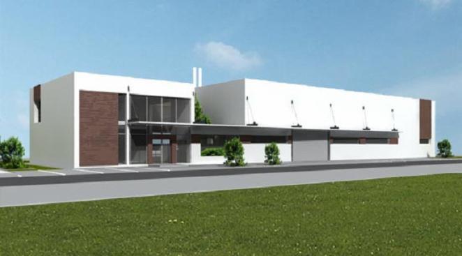 Wizualizacja budynku usługowego z białymi ścianami i brązowymi akcentami, przeszklonym wejściem i zielonym otoczeniem. Ujęcie z niskiej perspektywy, widoczne elementy krajobrazu.