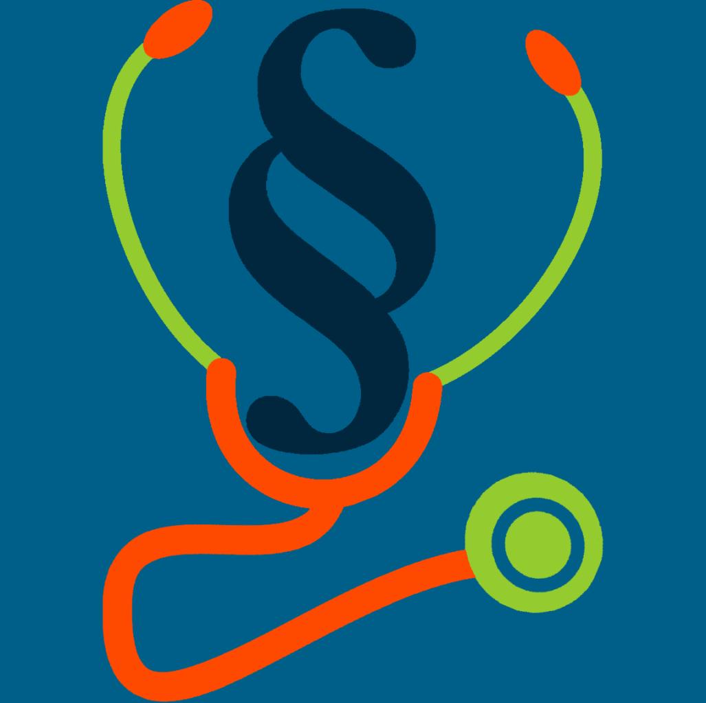 Grafika: paragraf otoczony stetoskopem w kolorach pomarańczowym i zielonym na niebieskim tle. Symbolizuje doradztwo prawne w medycynie lub rekrutację medyczną.