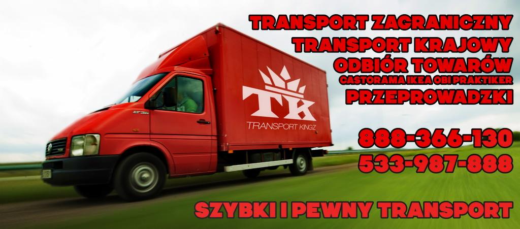Czerwony bus z logo firmy Transport Kingz na zielonym tle, oferujący transport krajowy, zagraniczny, odbiór towarów i przeprowadzki. Widoczne numery telefonów.