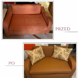 Metamorfoza sofy: 'przed' - z plamami, 'po' - z nową tapicerką i poduszkami. Widoczna zmiana koloru i materiału obicia. Dorja.