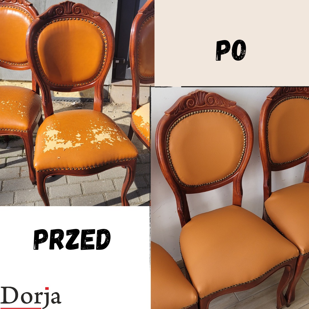 Renowacja krzeseł: Porównanie stanu krzeseł przed i po odświeżeniu tapicerki w odcieniu karmelowym, z widocznymi detalami zdobień ramy.