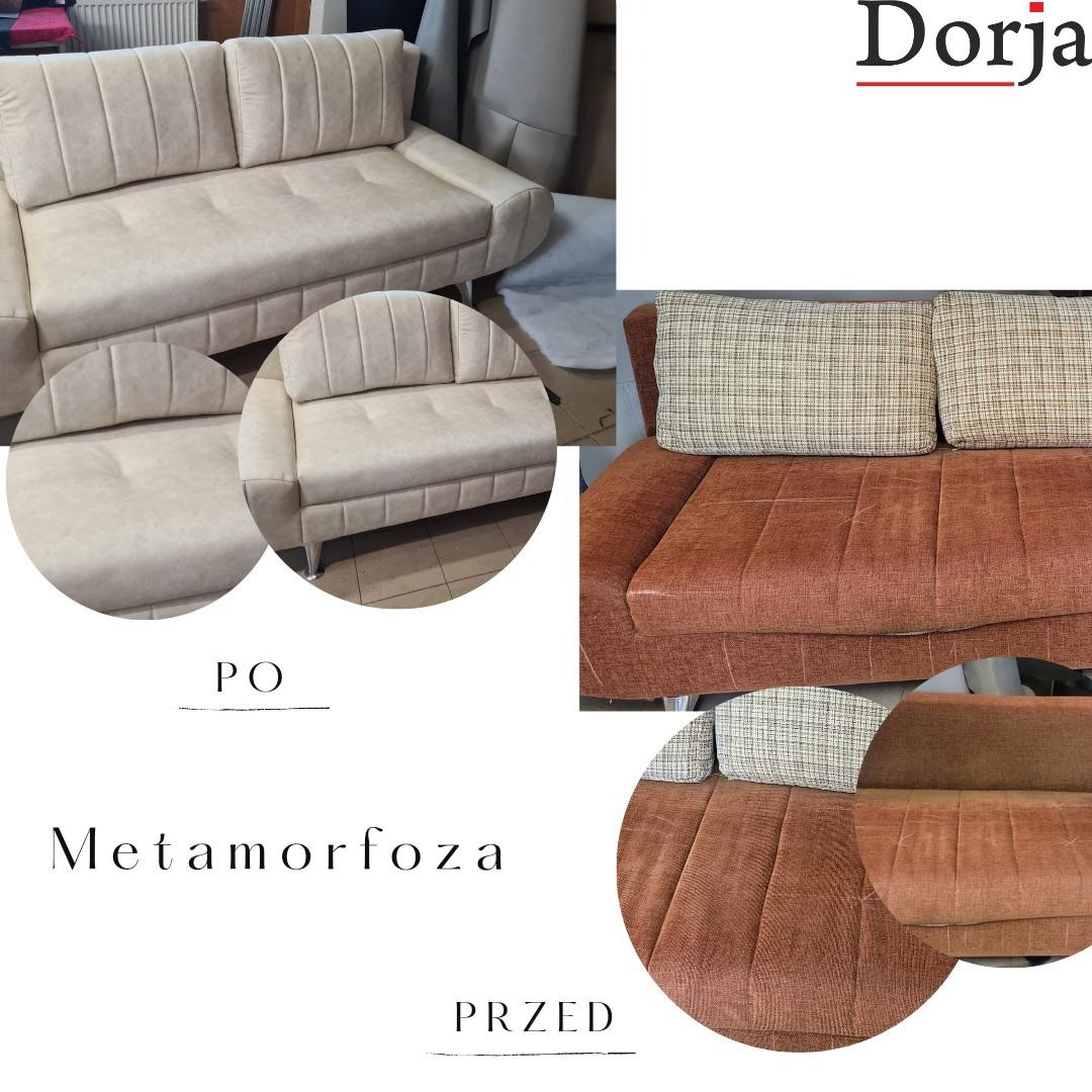 Sofa po renowacji tapicerskiej: od brązowej, zniszczonej sofy do eleganckiej, beżowej kanapy. Widoczne detale wykończenia i odświeżony wygląd.