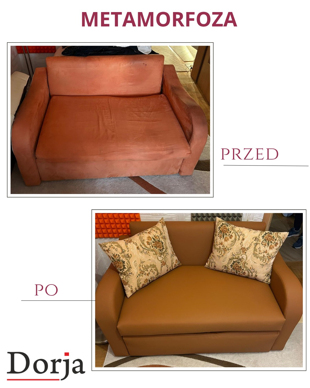 Metamorfoza sofy: 'przed' - z plamami, 'po' - z nową tapicerką i poduszkami. Widoczna zmiana koloru i materiału obicia. Dorja.