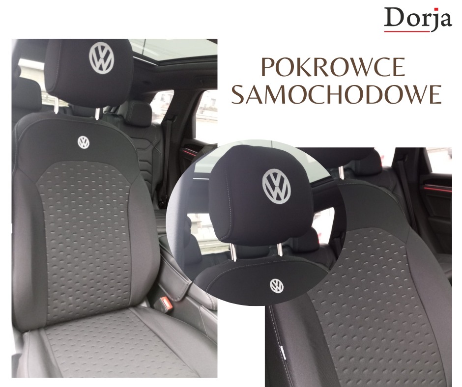 Czarne pokrowce samochodowe z logo VW, na fotelu i zagłówku, z teksturowanym wzorem. Widok z bliska na wnętrze auta.